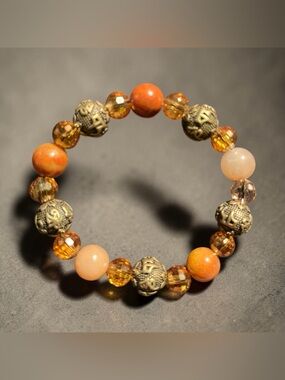 Handmade Orange Aventurine, Tibetan and Crystal Beaded Bracelet